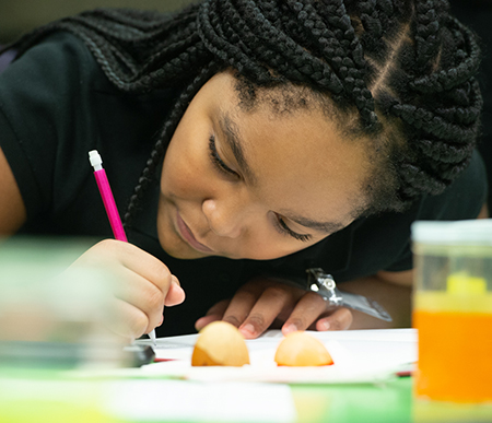 Nine-year-old Kalia Scott creates a bar graph that shows the amount of sugar in different beverages.