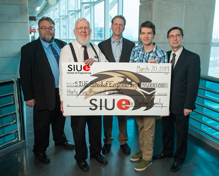 (L-R) SIUE School of Engineering (SOE) Director of Development Brian Moeller, Emmet Beetner, Daryl Beetner, freshman Andrew Schalk of the Beetner family, and SIUE SOE Dean Cem Karacal.