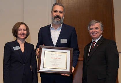 (L-R) SIUE’s Susan Morgan, PhD, PE, Hoppe Research Award recipient Sinan Onal, PhD, and SIUE Chancellor Randy Pembrook, PhD.