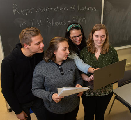 Practicing for their presentations ahead of the Spanish Saint Louis Symposium are (L-R) Ethan Hill, Miranda Foley, Jennifer Gaytan and Rachel Liefer.