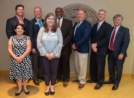 Panelists and special guests included (L-R) (front) Jo Ann DiMaggio May and Connie Frey Spurlock, (back) Eric Gowin, Tim Sullivan, Morris Taylor, Brett Stawar, Dennis Wilmsmeyer, and SIUE Chancellor Randy Pembrook. 