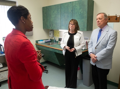 Leading Senator Durbin on a tour of SIUE’s WE CARE Clinic were Director Ricki Loar, PhD, APRN, (middle) and Jerrica Ampadu, PhD, (left).