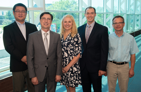 (L-R) Dr. Xin Wang, associate professor in the SIUE School of Engineering (SOE) Department of Electrical and Computer Engineering and director of the Power Systems Lab, SOE Dean Dr. Cem Karacal, Kelly Hendrickson, Ameren Illinois communications executive, Drew Mahan, Ameren Illinois engineer, and Dr. Andy Lozowski, chair and professor in the Department of Electrical and Computer Engineering.