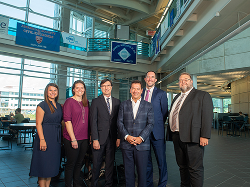 (L-R) Enterprise Senior IT security administrator Miranda Haeuber; Enterprise Engineer 2 Nicole Blumhorst; SIUE School of Engineering (SOE) Dean Cem Karacal, PhD; Enterprise Holdings Chief Information Officer Mike Nolfo; SOE Associate Dean Chris Gordon, PhD, and SOE Director of Development Brian Moeller.