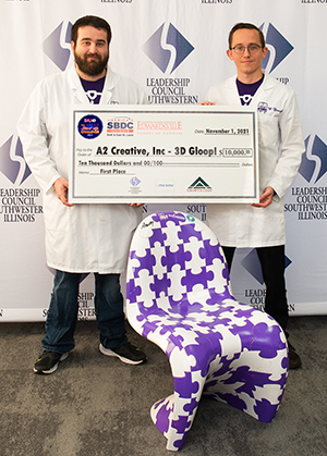 First place winners of the IL SBDC at SIUE Metro East Start up Challenge were (L-R) Andrew Mayhall and Andrew Martinussen of A2 Creative, Inc – 3D Gloop!